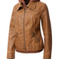 Women's Casual Stand Collar Leather Jacket with Detachable Hood