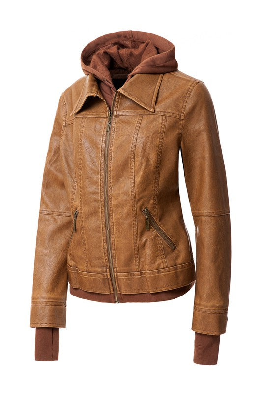 Women's Casual Stand Collar Leather Jacket with Detachable Hood