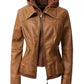 Women's Casual Stand Collar Leather Jacket with Detachable Hood