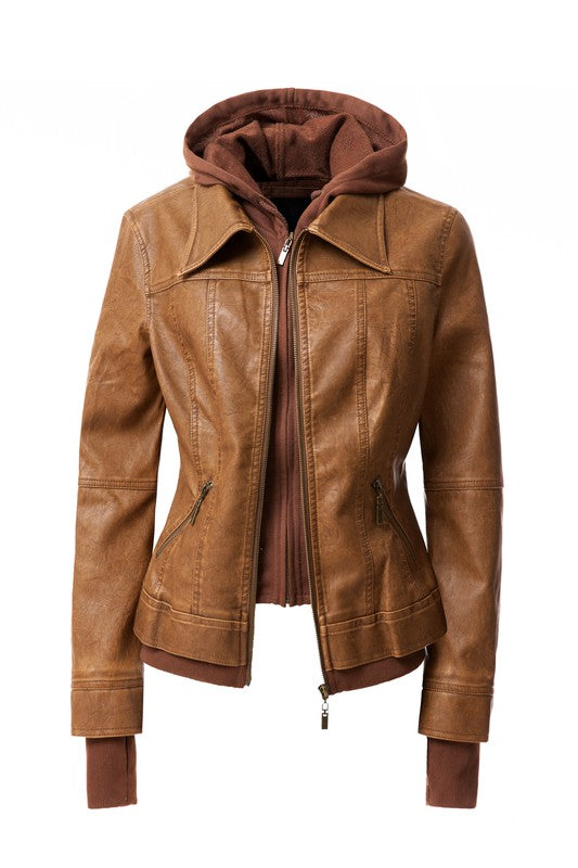 Women's Casual Stand Collar Leather Jacket with Detachable Hood