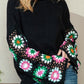 Black Floral Crochet Bell Sleeve Loose Sweater