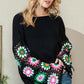 Black Floral Crochet Bell Sleeve Loose Sweater