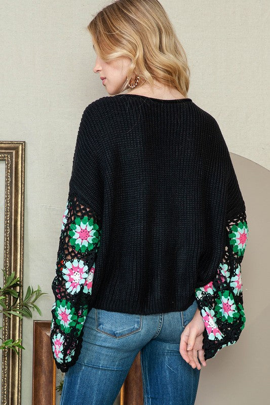 Black Floral Crochet Bell Sleeve Loose Sweater