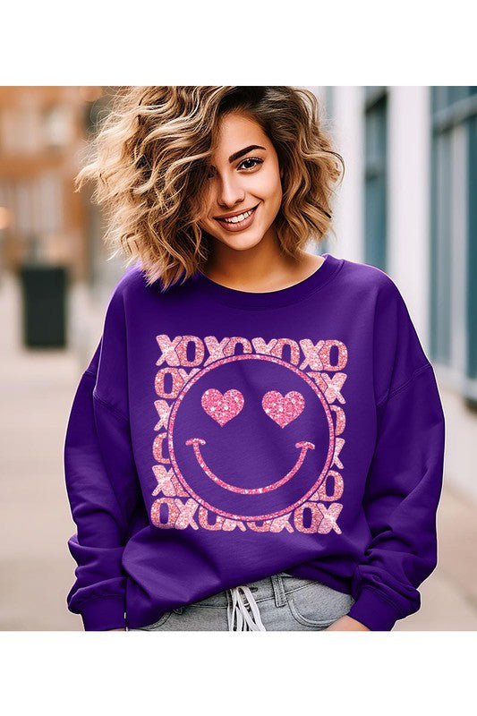 XOXO Smiley Face Faux Sequins Glitter Valentine's Day Unisex Fleece Sweatshirt