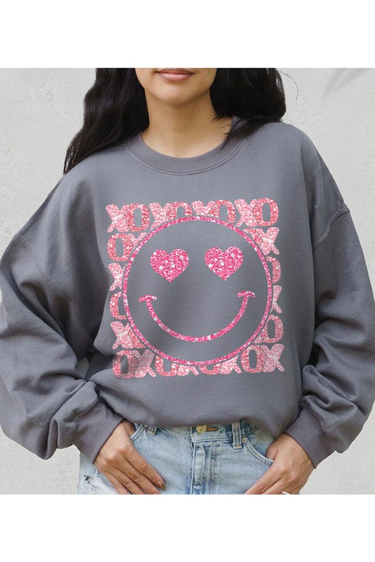 XOXO Smiley Face Faux Sequins Glitter Valentine's Day Unisex Fleece Sweatshirt