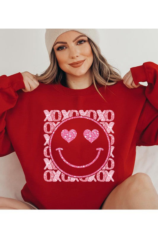 XOXO Smiley Face Faux Sequins Glitter Valentine's Day Unisex Fleece Sweatshirt