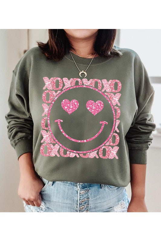 XOXO Smiley Face Faux Sequins Glitter Valentine's Day Unisex Fleece Sweatshirt