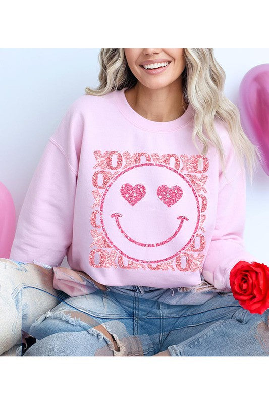 XOXO Smiley Face Faux Sequins Glitter Valentine's Day Unisex Fleece Sweatshirt