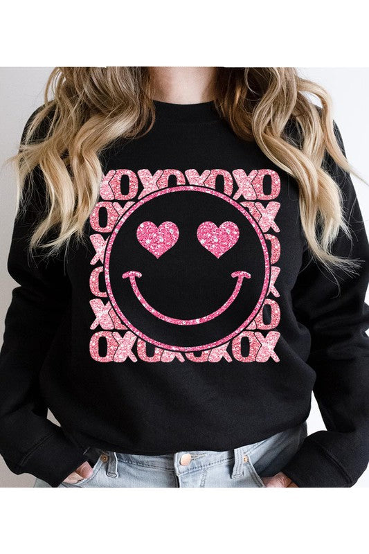 XOXO Smiley Face Faux Sequins Glitter Valentine's Day Unisex Fleece Sweatshirt