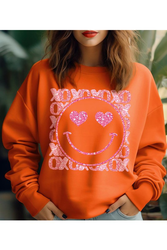 XOXO Smiley Face Faux Sequins Glitter Valentine's Day Unisex Fleece Sweatshirt