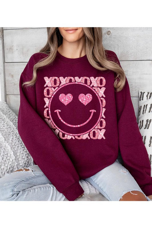 XOXO Smiley Face Faux Sequins Glitter Valentine's Day Unisex Fleece Sweatshirt