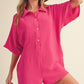 Bright Pink Half Button Collared Loose Romper