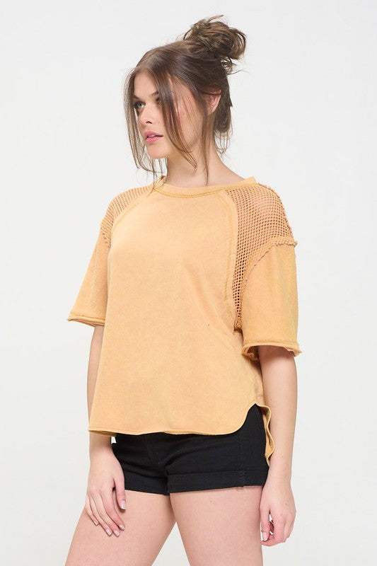 PLUS MINERAL WASHED SHORT SLEEVE FISHNET TOP