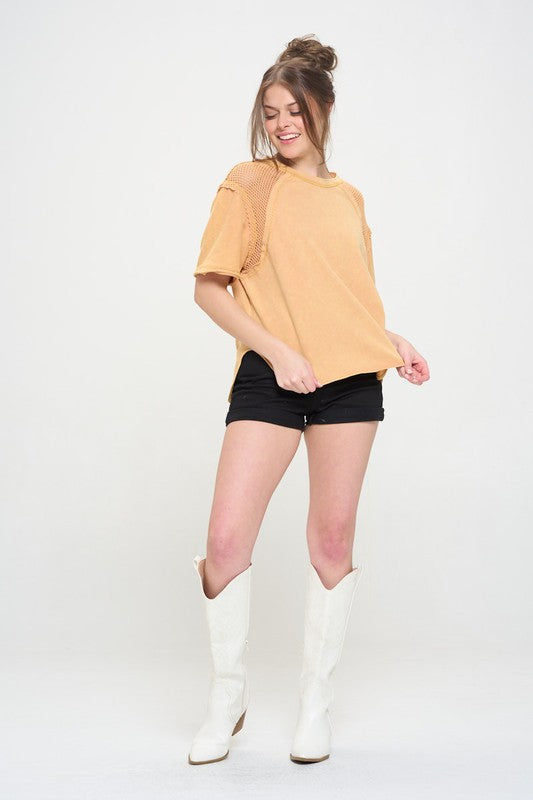 PLUS MINERAL WASHED SHORT SLEEVE FISHNET TOP