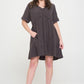 TEXTURED SHORT SLV BUTTON DOWN V-NECK SHORT DRESS