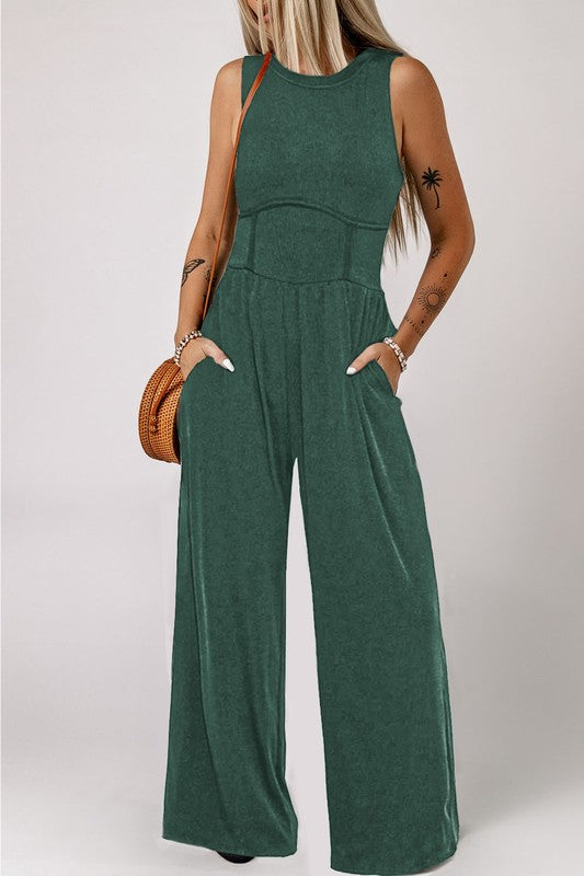 Cinched Waist Sleeveless Wide Leg Jumpsuit