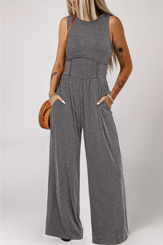 Cinched Waist Sleeveless Wide Leg Jumpsuit