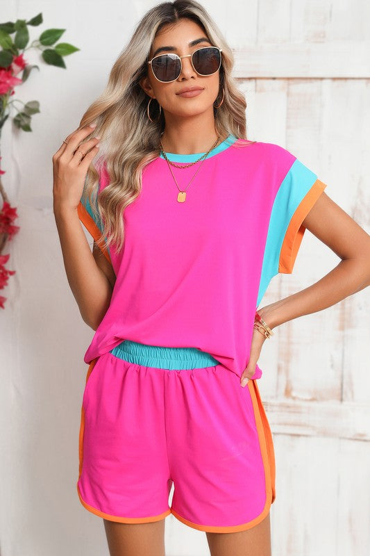 Contrast Trim Cap Sleeve Tee Shorts Set