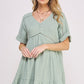 TEXTURED SHORT SLV BUTTON DOWN V-NECK SHORT DRESS