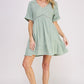 TEXTURED SHORT SLV BUTTON DOWN V-NECK SHORT DRESS