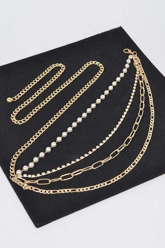 Plus Size Rhinestone Pearl Layered Chain Belt