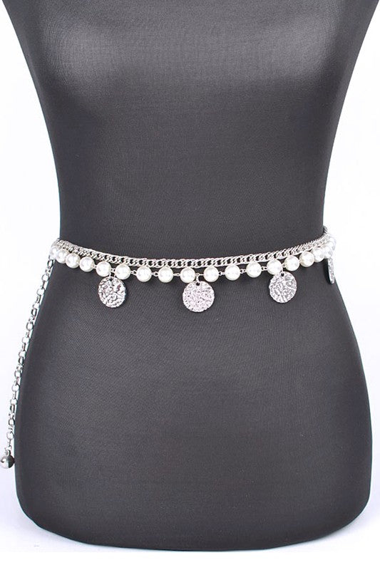 Plus Size Fringe Disk Pearl Accent Chain Belt