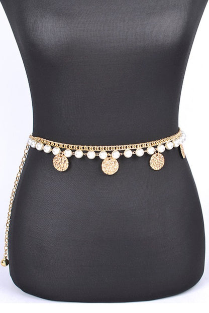 Plus Size Fringe Disk Pearl Accent Chain Belt