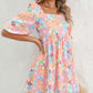 Square neck bubble puff sleeve floral coral dress