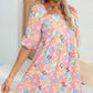 Square neck bubble puff sleeve floral coral dress