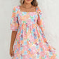 Square neck bubble puff sleeve floral coral dress