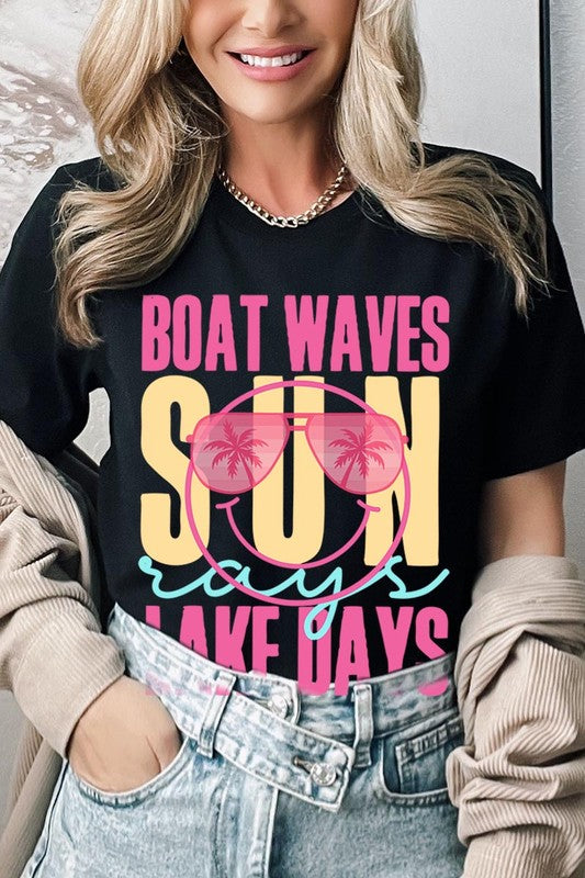 Camisetas gráficas con diseño de olas de barco, rayos de sol, días de lago