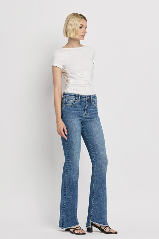 High Rise Slant Hem Flare Jeans