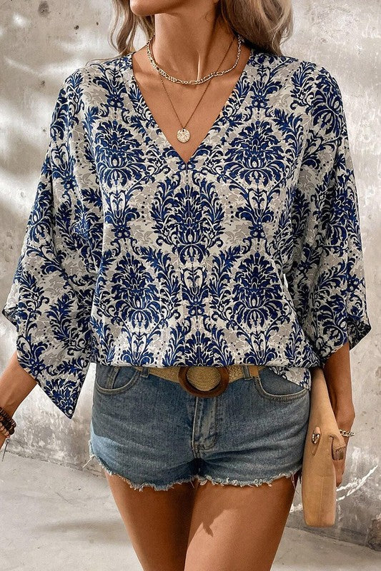 Vintage Flower Tree Quarter Sleeve Blouse Top