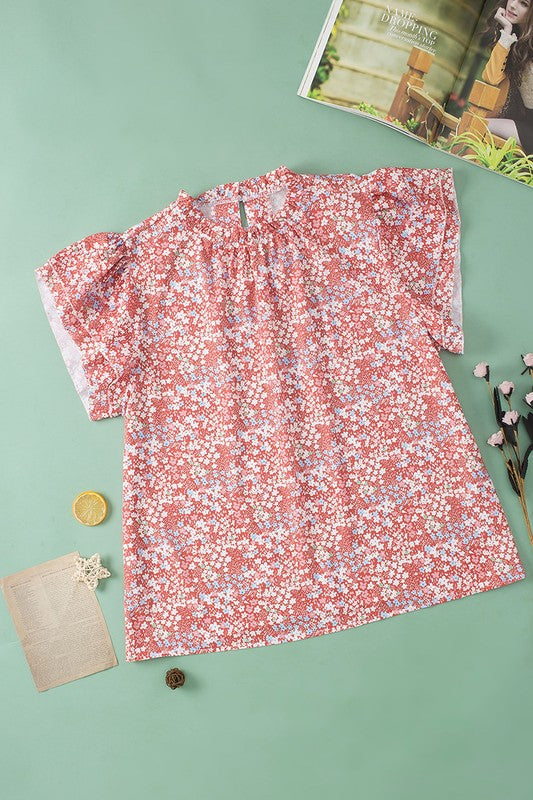 Floral Ruffled Sleeve Plus-Size Blouse