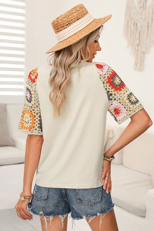 Floral Crochet Sleeve Relaxed Top