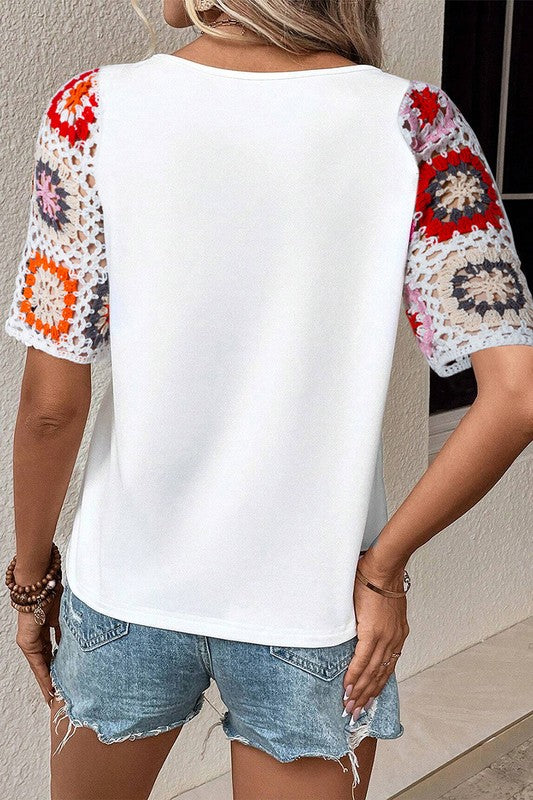 Floral Crochet Sleeve Relaxed Top