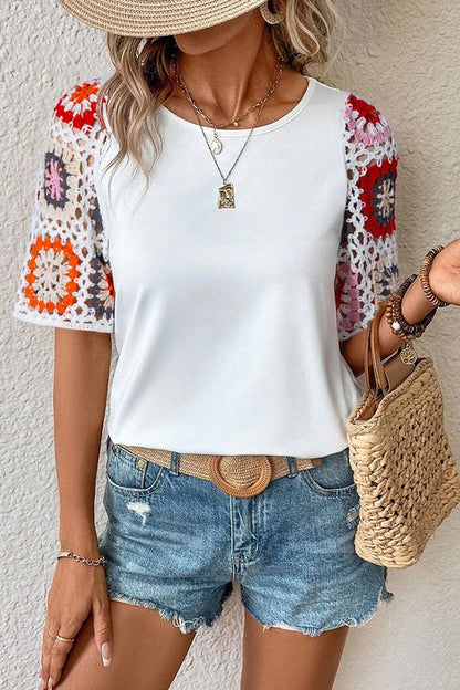 Floral Crochet Sleeve Relaxed Top