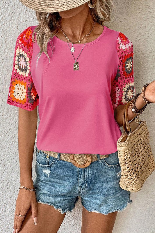 Floral Crochet Sleeve Relaxed Top