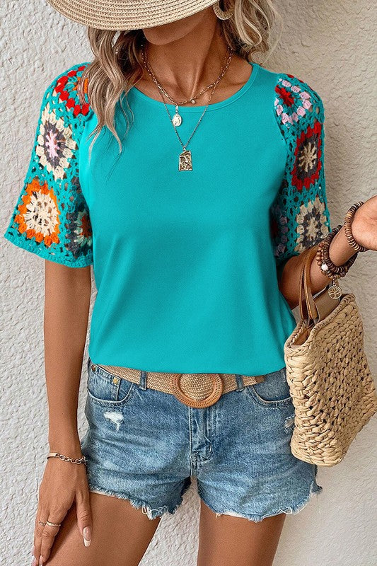 Floral Crochet Sleeve Relaxed Top