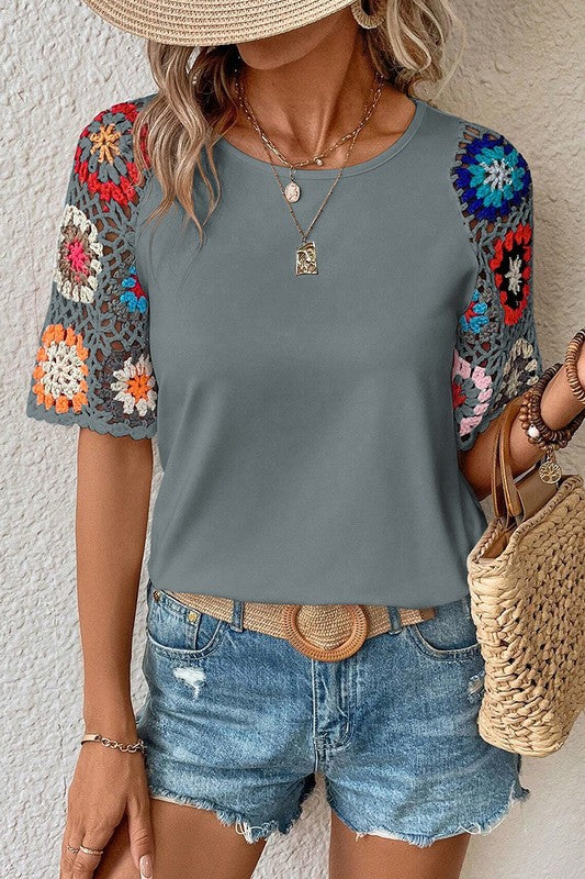 Floral Crochet Sleeve Relaxed Top