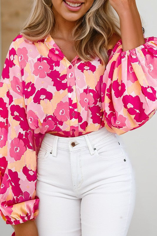 Blooming Floral Print Puff Sleeve Buttoned Shirt