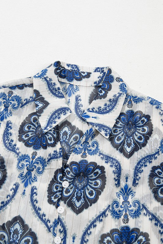 Tribal Pattern Print Buttoned V Neck Loose Shirt