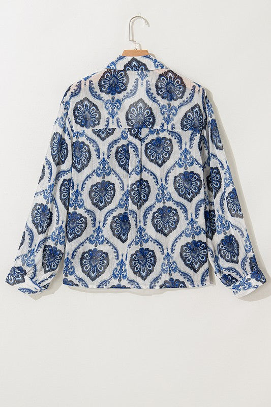 Tribal Pattern Print Buttoned V Neck Loose Shirt