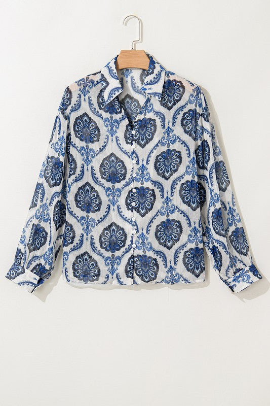 Tribal Pattern Print Buttoned V Neck Loose Shirt