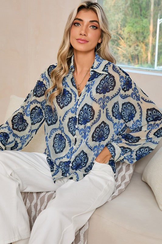 Tribal Pattern Print Buttoned V Neck Loose Shirt