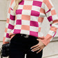 Checkered Ribbed Edge O Neck Drop Shoulder Sweater