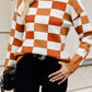 Checkered Ribbed Edge O Neck Drop Shoulder Sweater