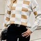 Checkered Ribbed Edge O Neck Drop Shoulder Sweater