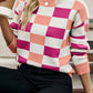 Checkered Ribbed Edge O Neck Drop Shoulder Sweater