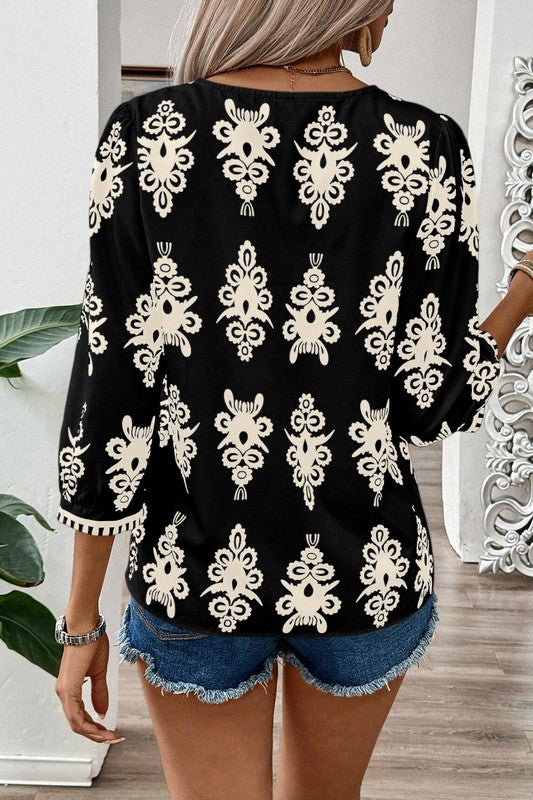 Ethnic Abstract Print Puff Sleeve V Neck Blouse